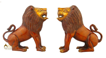 Brass lion pair statue figurine home décor hand carved animal sculpture 8" by vendor-unknown - Decor (View 4)