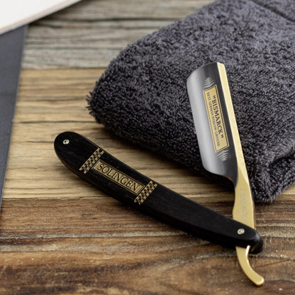 Dovo Straight Razor, "Bismarck" 6/8", Carbon Steel, Full Hollow Grind, Ebony Black Handle with Gold Color by Dovo - Straight Razor (View 7)
