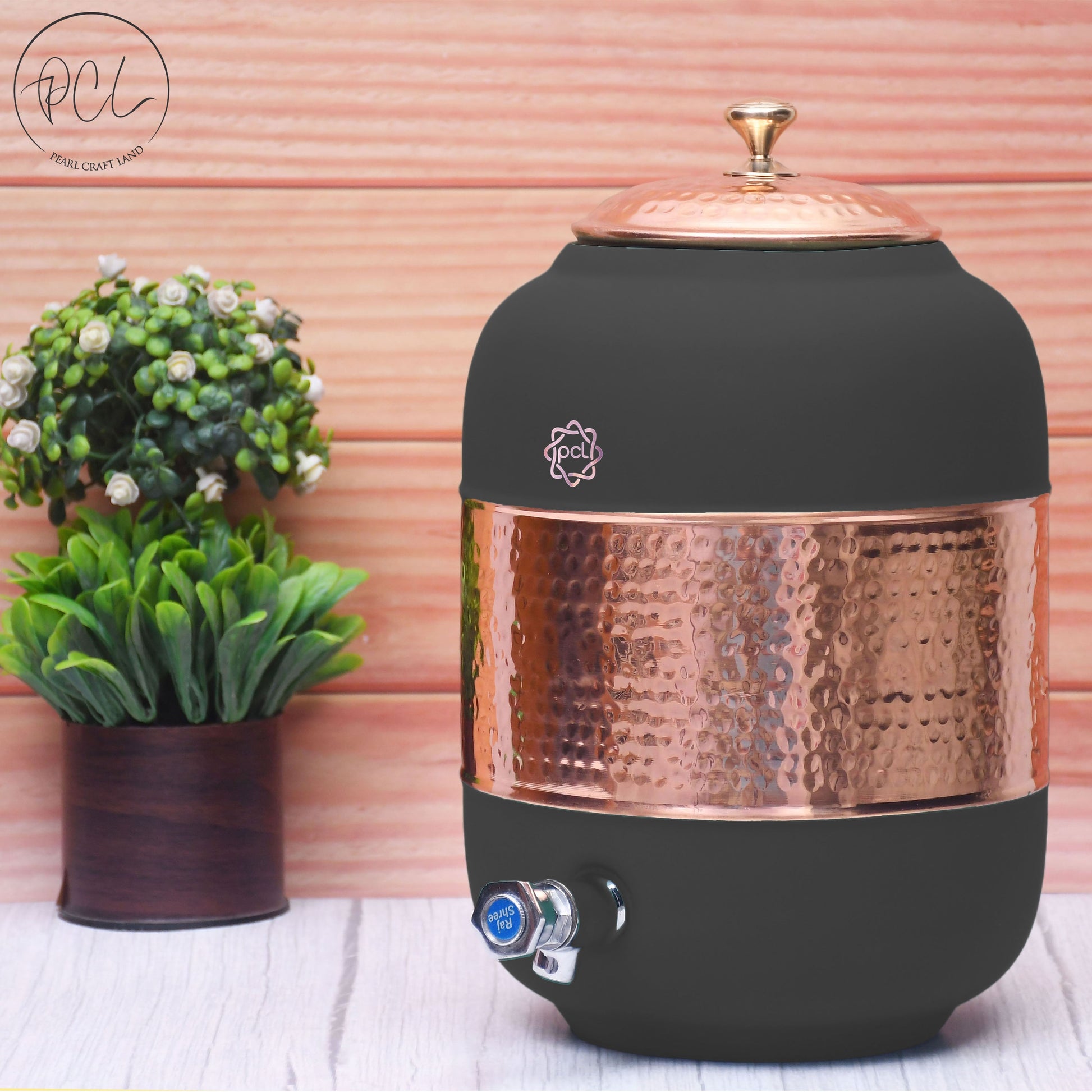 Pure Copper Silk Black Half Hammered Water Dispenser (Matka) Capacity 8000ML - Eco-friendly - Sama Homes