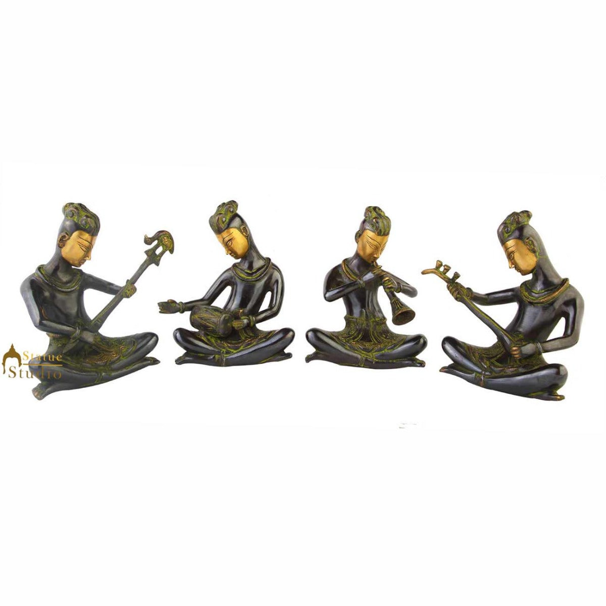 Indian brass musical band 4 pcs showpiece home table décor statue gift set 9" - Image 2