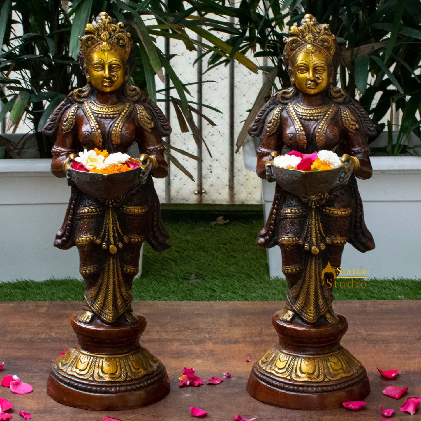 Antique brass deeplaxmi statue décor showpiece turquoise coral figurine pair 24"