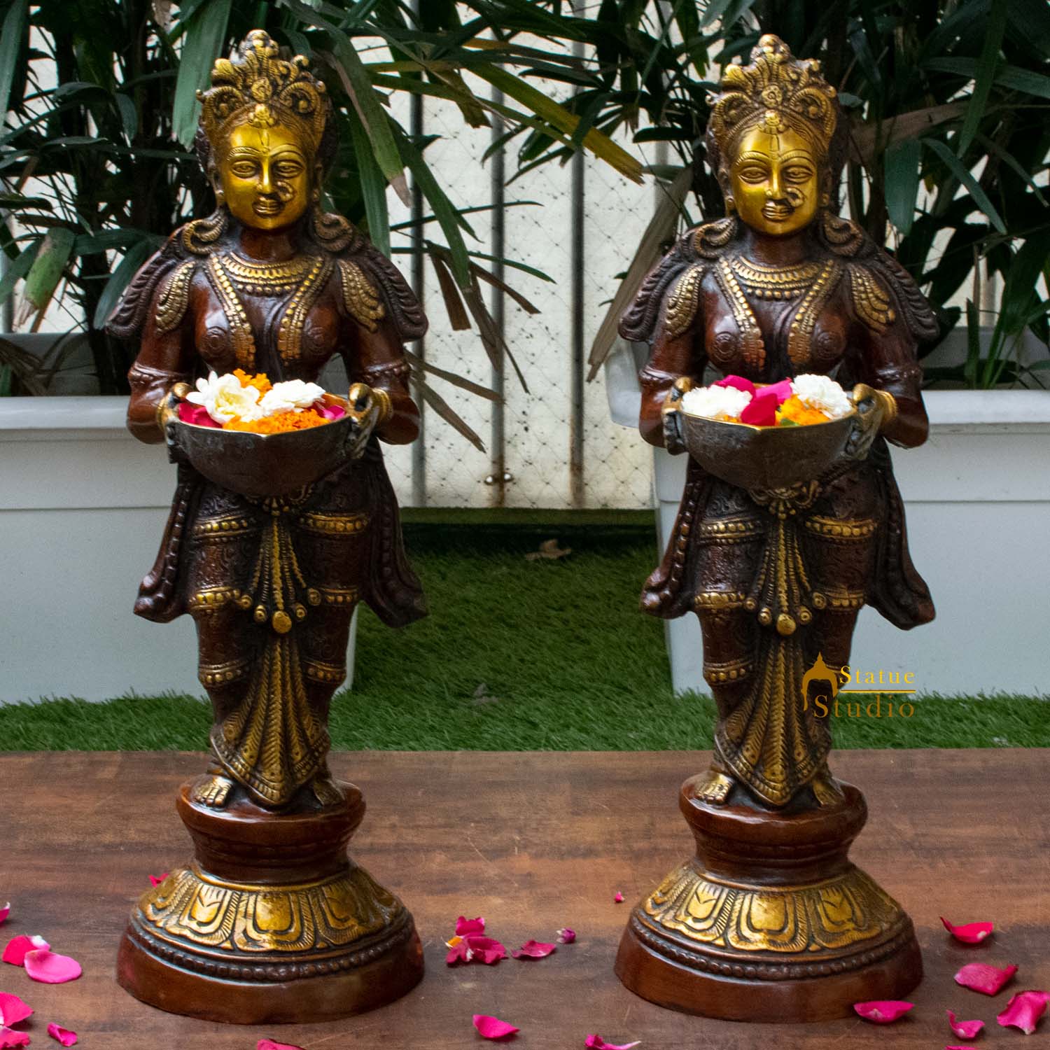 Antique brass deeplaxmi statue décor showpiece turquoise coral figurine pair 24" - Eco-friendly - Sama Homes