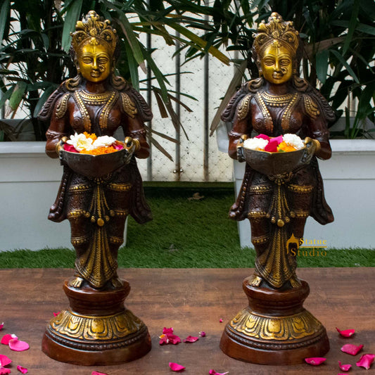 Antique brass deeplaxmi statue décor showpiece turquoise coral figurine pair 24"