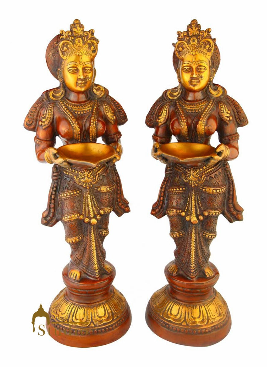Antique brass deeplaxmi statue décor showpiece turquoise coral figurine pair 24" - Image 4