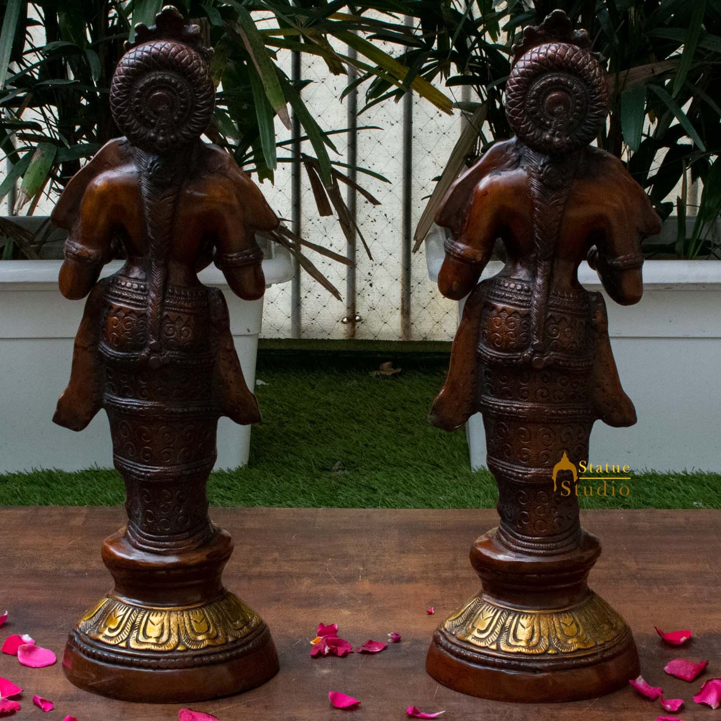 Antique brass deeplaxmi statue décor showpiece turquoise coral figurine pair 24"