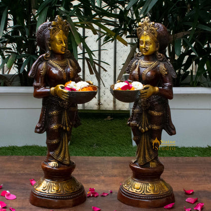 Antique brass deeplaxmi statue décor showpiece turquoise coral figurine pair 24" by vendor-unknown - Decor (View 2)