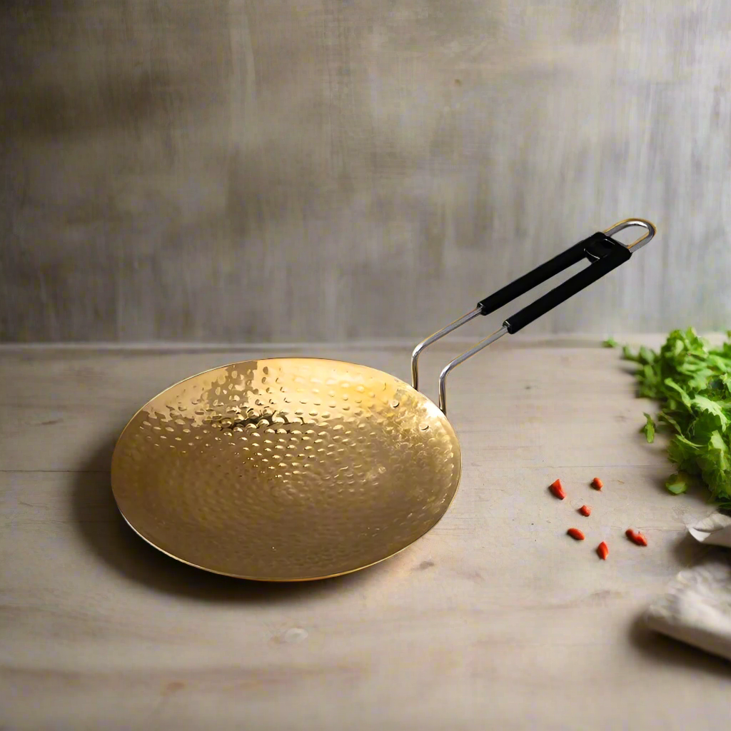 11" Pure Brass Roti/Chapati Tawa with Hammered Finish – Traditional Flatbread Pan | SS Handle | Non-Toxic & Handmade - Image 4