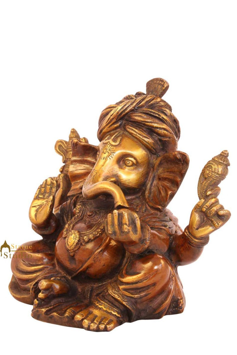 Brass turban ganesha sitting indian handicratfs scupture idol figure 5" - Image 3