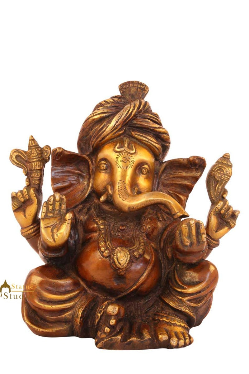 Brass turban ganesha sitting indian handicratfs scupture idol figure 5" - Image 2