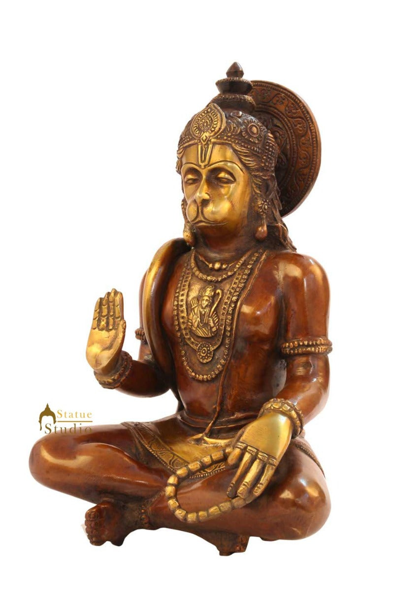 Brass Lord Sitting Hanuman Statue Religious For Home Decor 11"