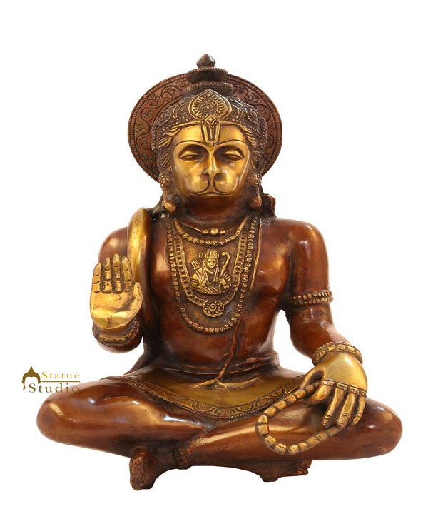 Brass Lord Sitting Hanuman Statue Religious For Home Decor 11"