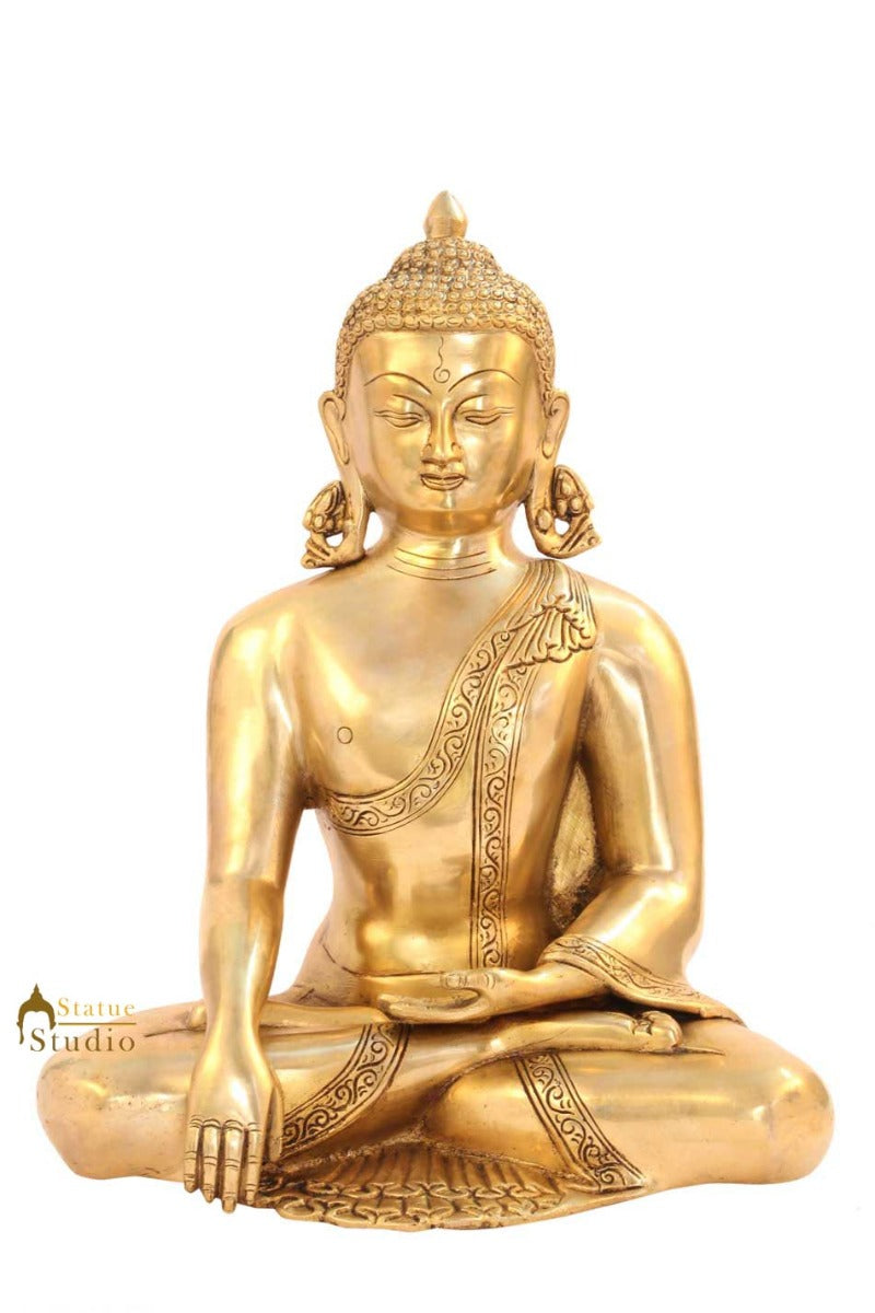 Earth touching bronze buddha brass metal statue old chinese tibet décor art 13" - Image 2