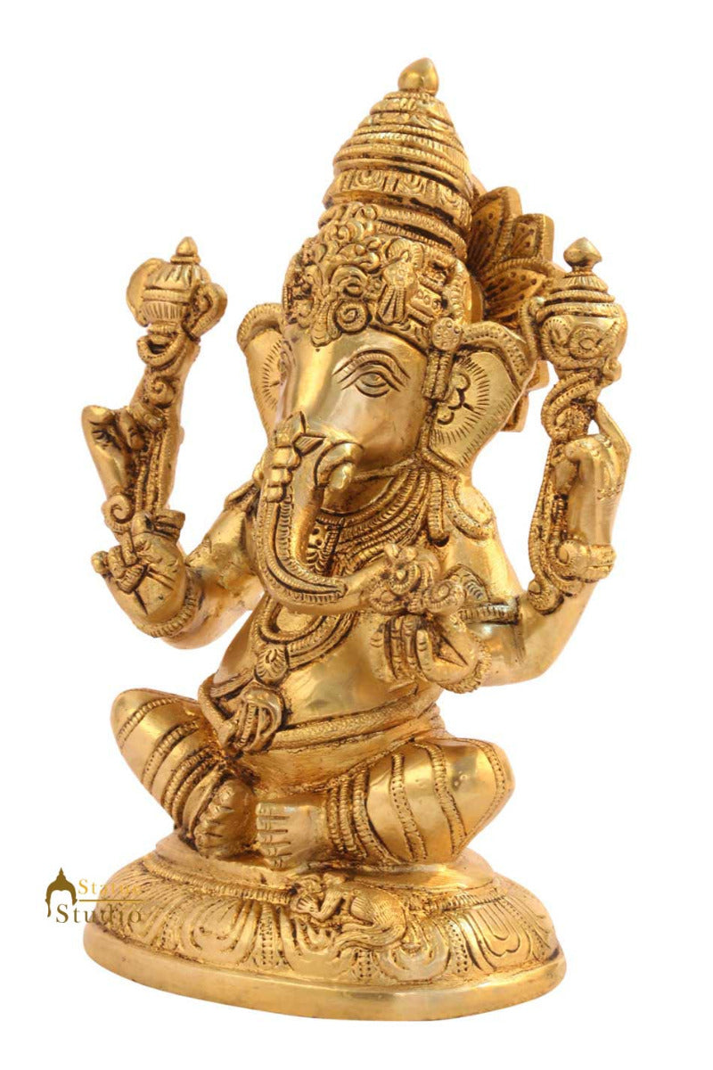 Brass hindu gods lord ganesha sitting indian handicratfs scupture idol figure 7" - Image 4