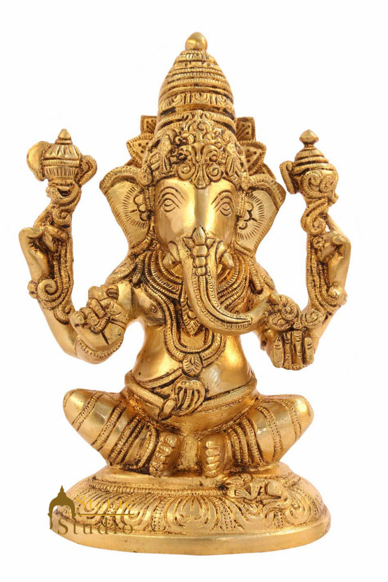 Brass hindu gods lord ganesha sitting indian handicratfs scupture idol figure 7"