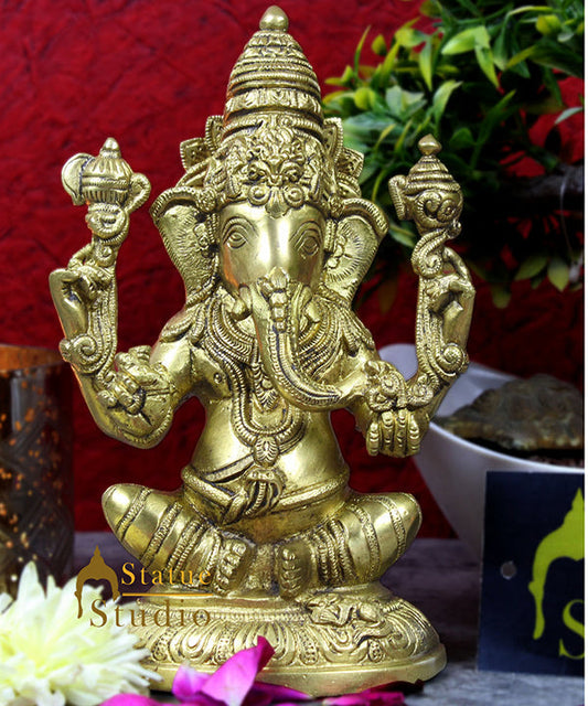 Brass hindu gods lord ganesha sitting indian handicratfs scupture idol figure 7"