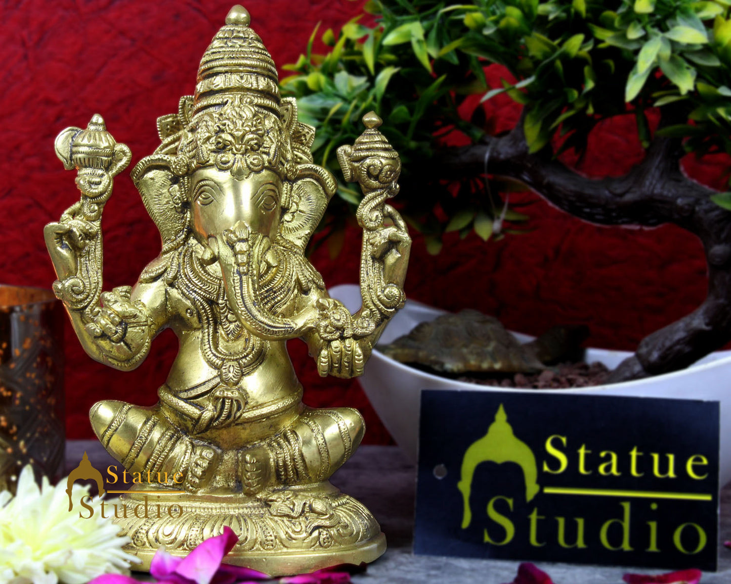 Brass hindu gods lord ganesha sitting indian handicratfs scupture idol figure 7"