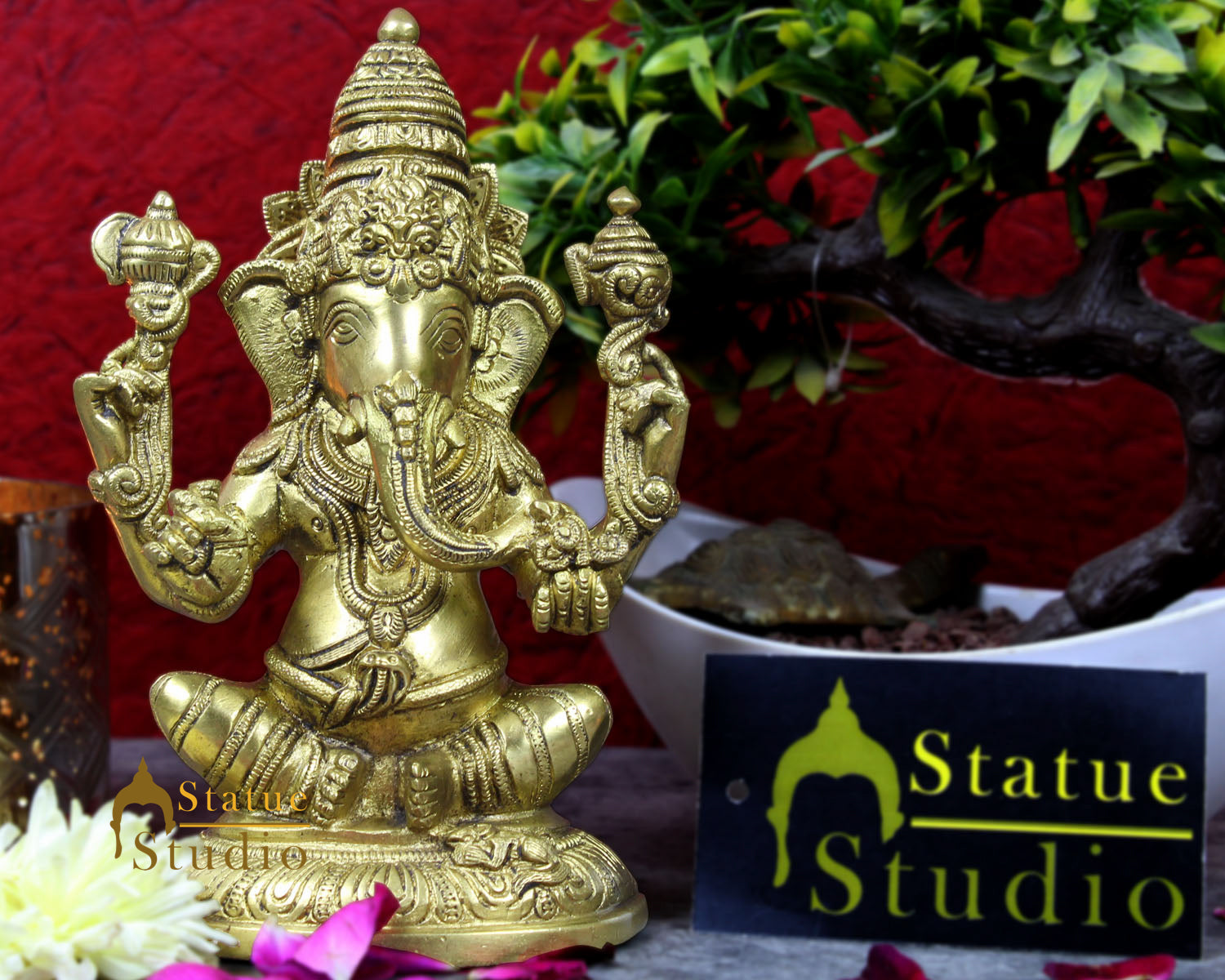 Brass hindu gods lord ganesha sitting indian handicratfs scupture idol figure 7" - Image 2