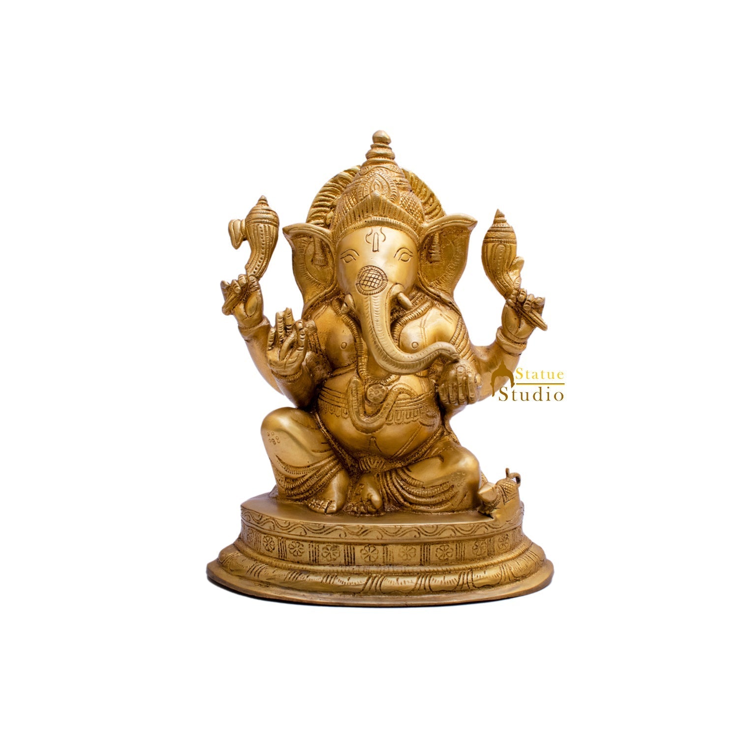 Brass Ganesha Statue Sitting On Base For Home Decor Showpiece 10" - Image 7