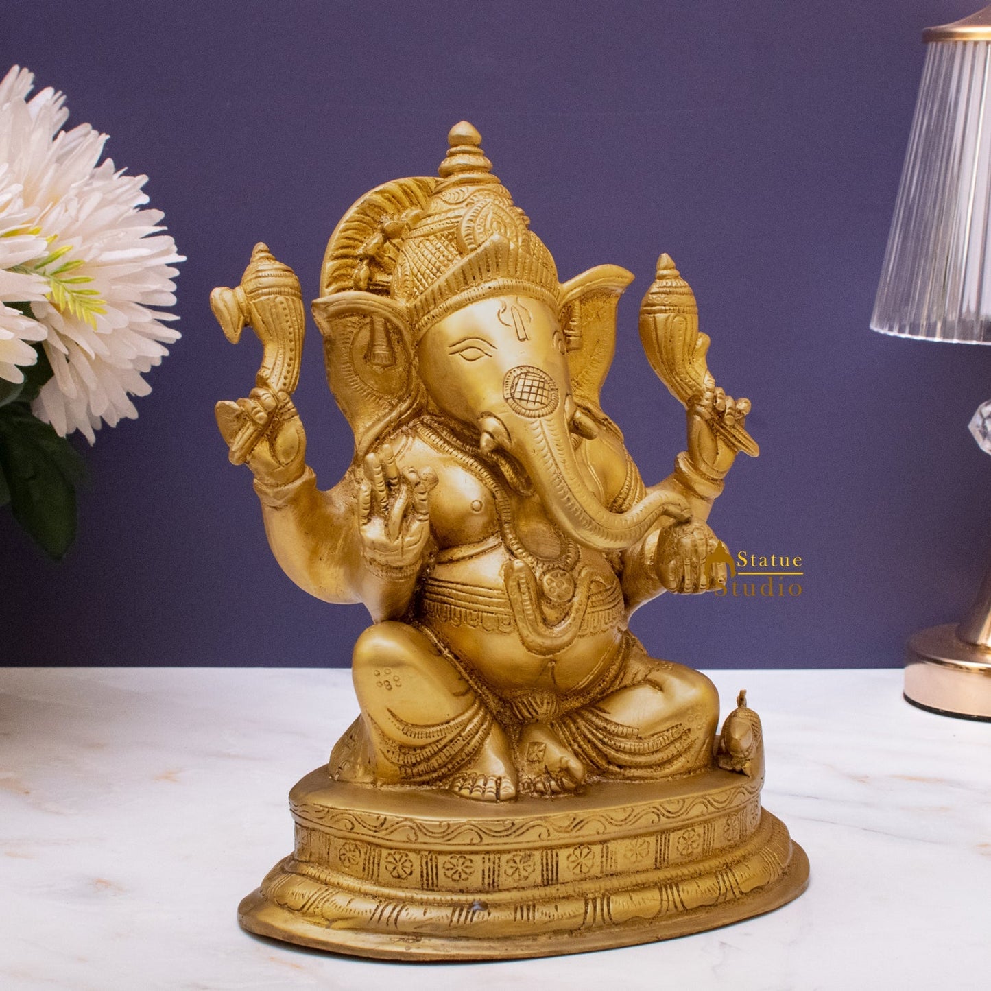 Brass Ganesha Statue Sitting On Base For Home Decor Showpiece 10"