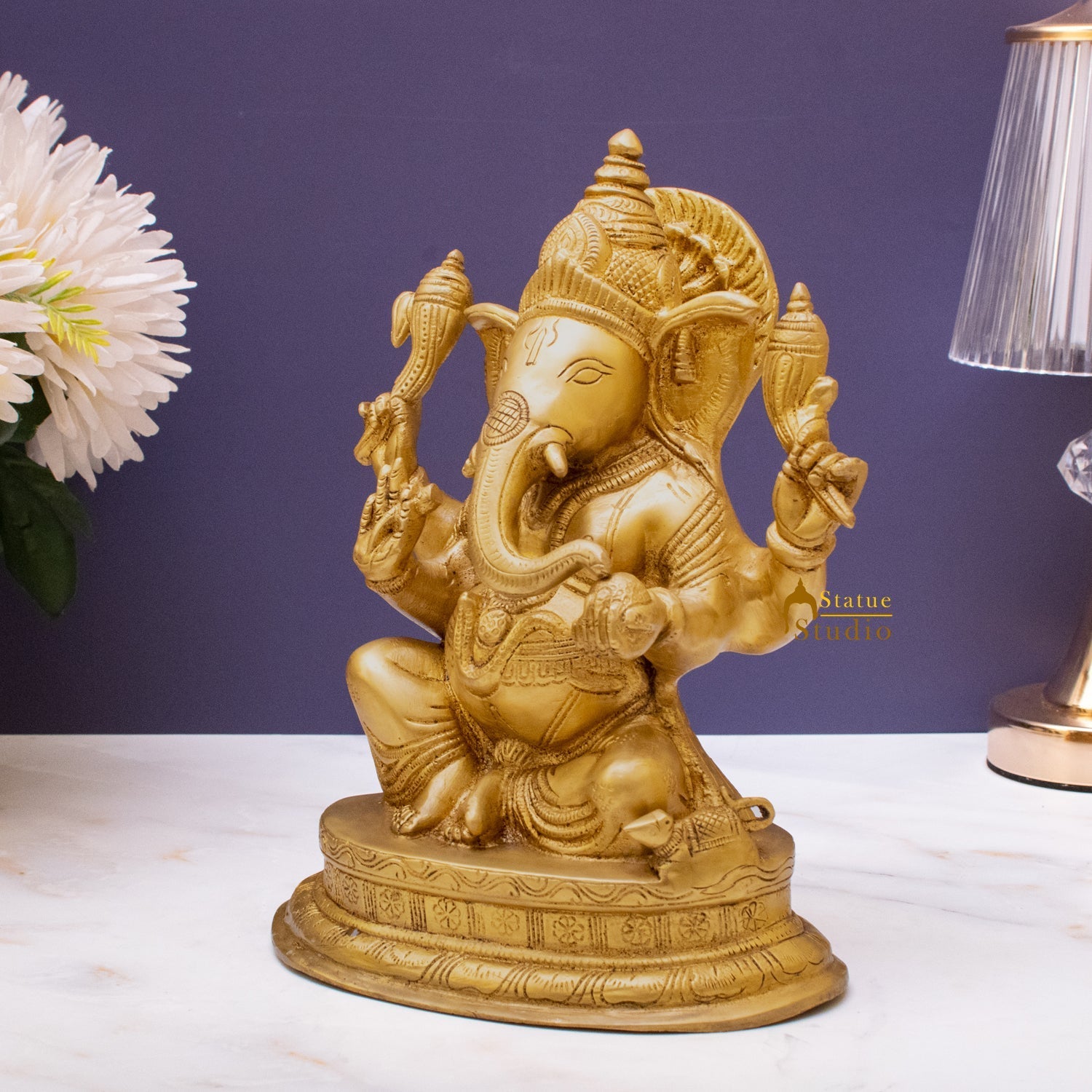 Brass Ganesha Statue Sitting On Base For Home Decor Showpiece 10" - Image 5