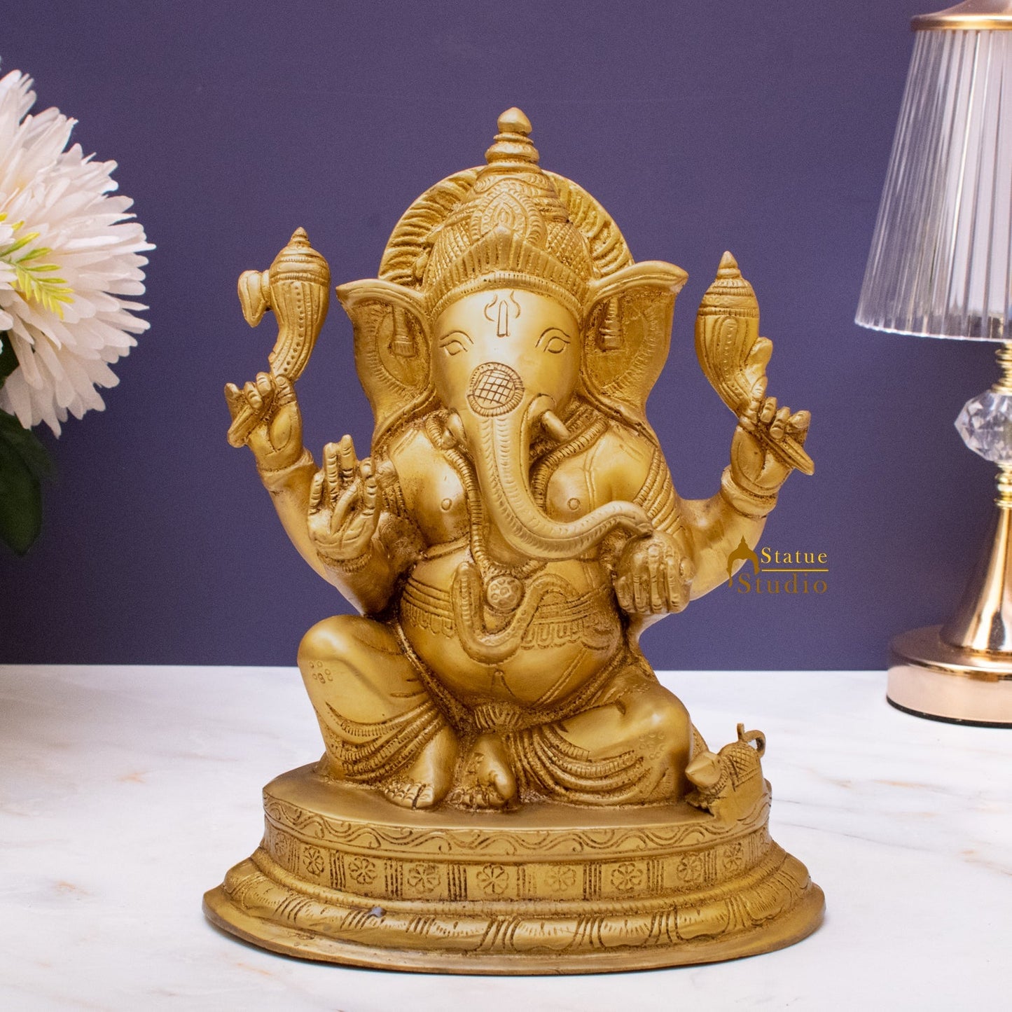 Brass Ganesha Statue Sitting On Base For Home Decor Showpiece 10"