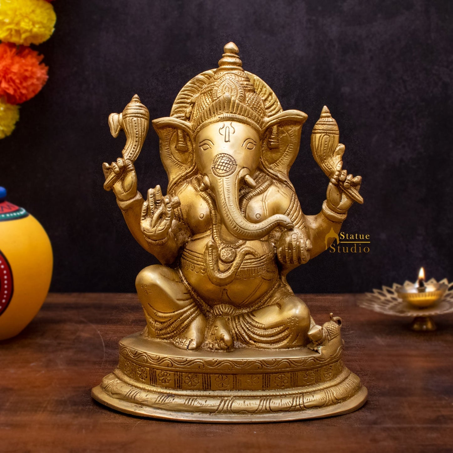 Brass Ganesha Statue Sitting On Base For Home Decor Showpiece 10"