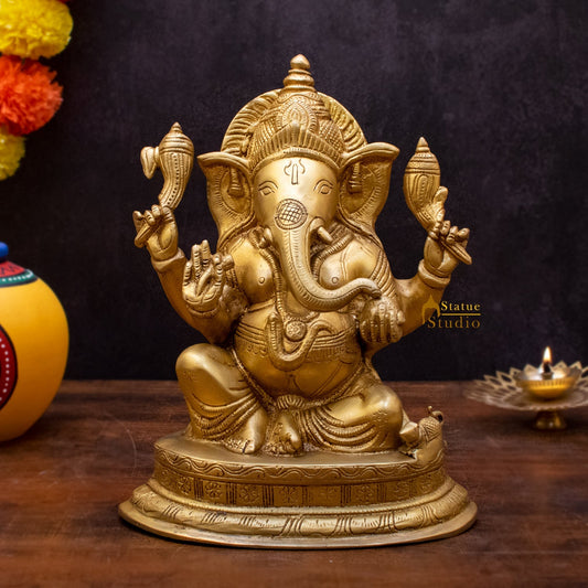 Brass Ganesha Statue Sitting On Base For Home Decor Showpiece 10"