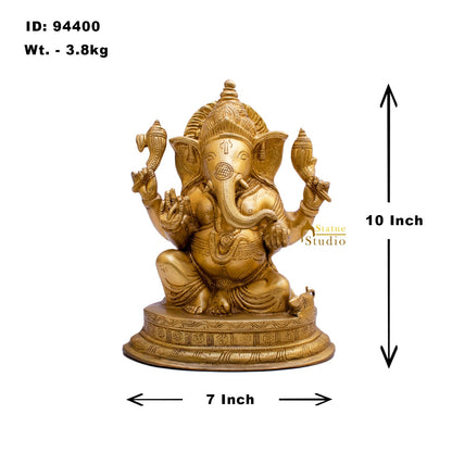 Brass Ganesha Statue Sitting On Base For Home Decor Showpiece 10" by vendor-unknown - Hindu Gods (View 8)