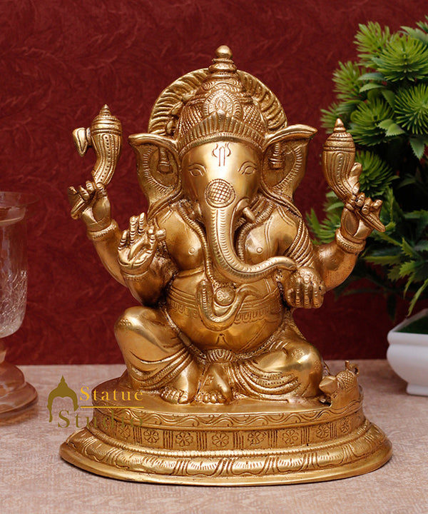 Brass Ganesha Statue Sitting On Base For Home Decor Showpiece 10" - Image 3