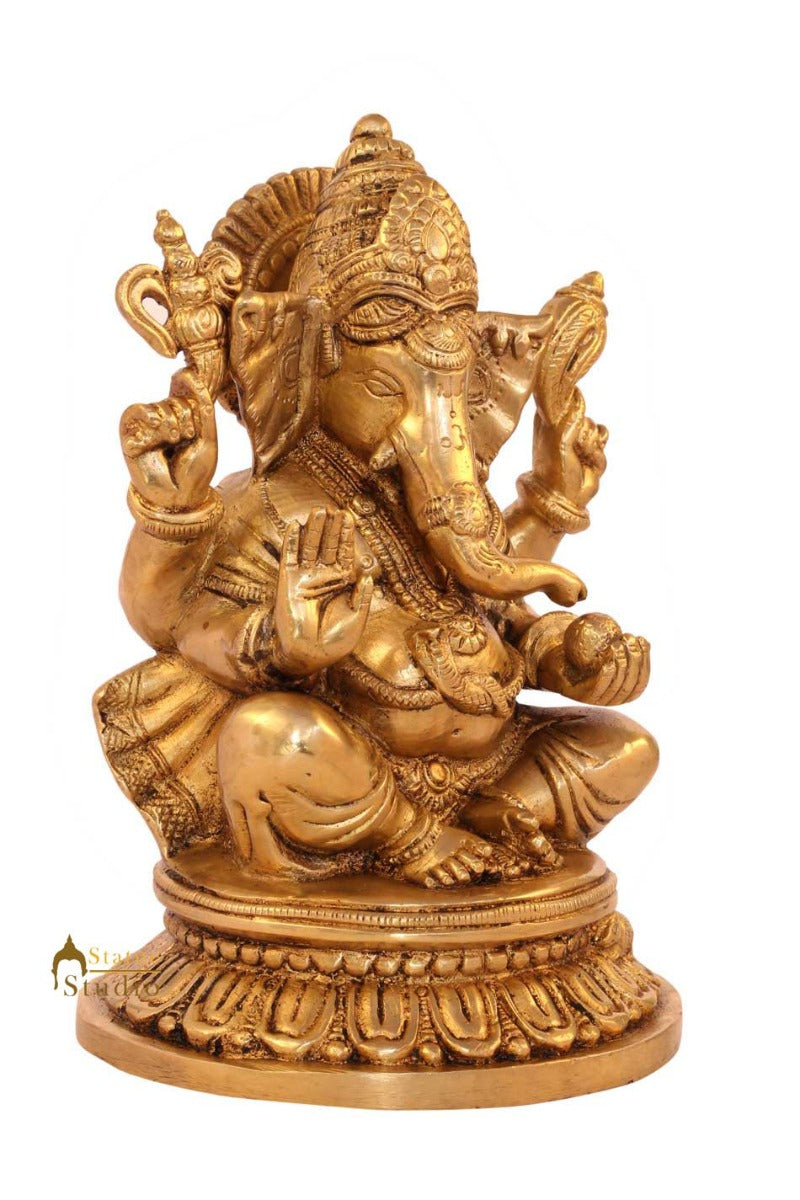Antique brass hindu gods elephant lord ganesha statue sitting on base 8" - Image 3