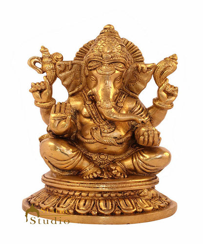 Antique brass hindu gods elephant lord ganesha statue sitting on base 8" by vendor-unknown - Hindu Gods