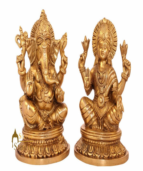 Brass ganesha laxmi pair statue india hindu gods hand carved hand made idol 8" - Eco-friendly - Sama Homes