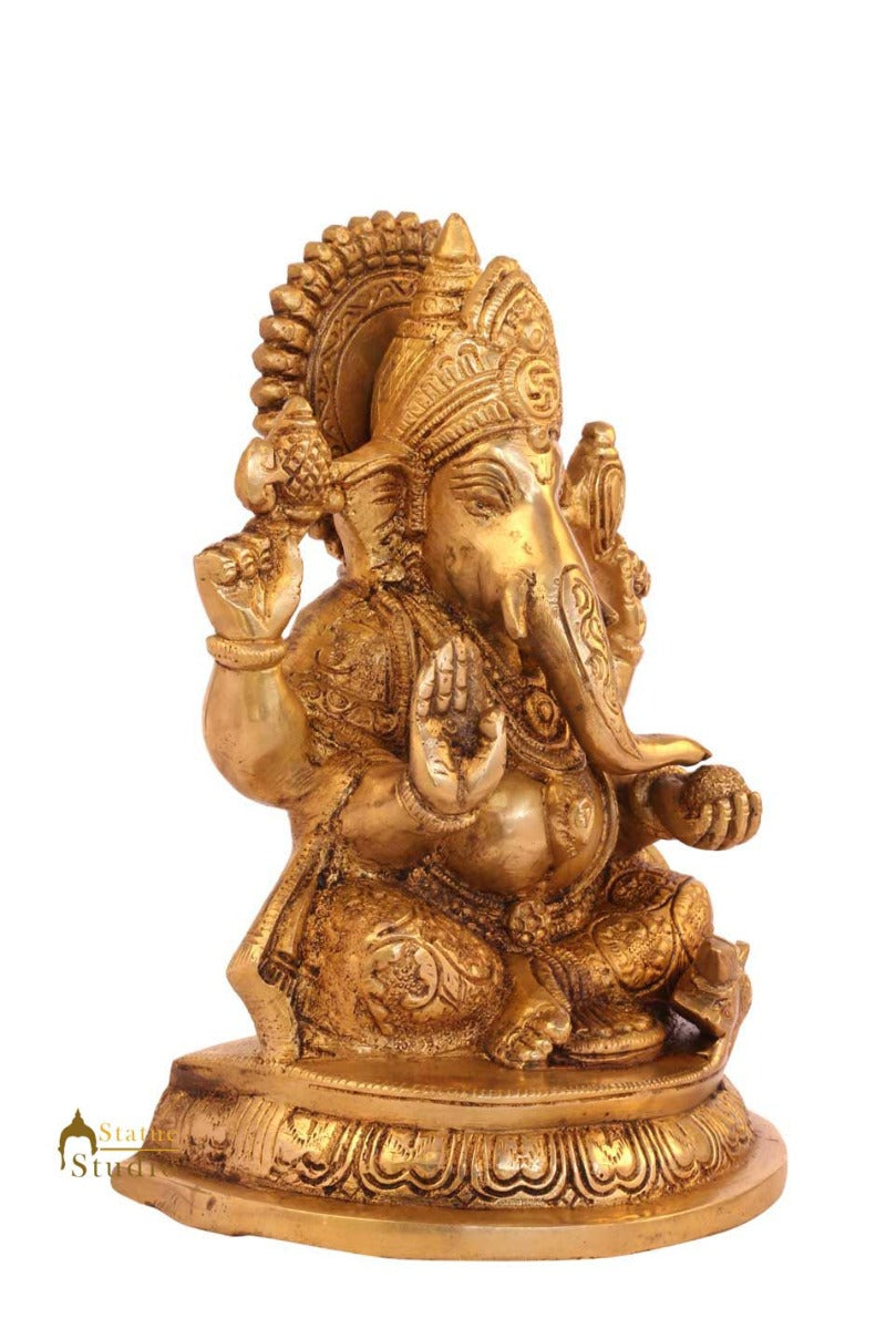 Brass indian ganesha sitting murti idol figure religious hindu gods statue 8" - Image 3