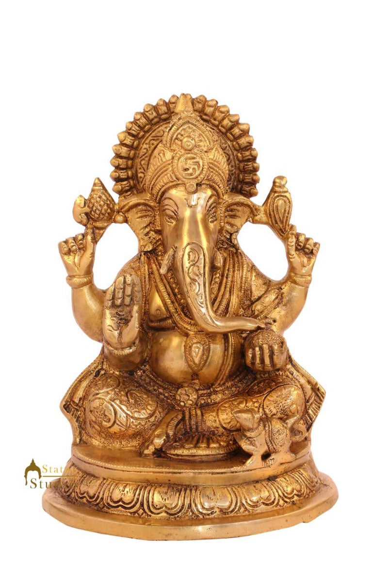 Brass indian ganesha sitting murti idol figure religious hindu gods statue 8"