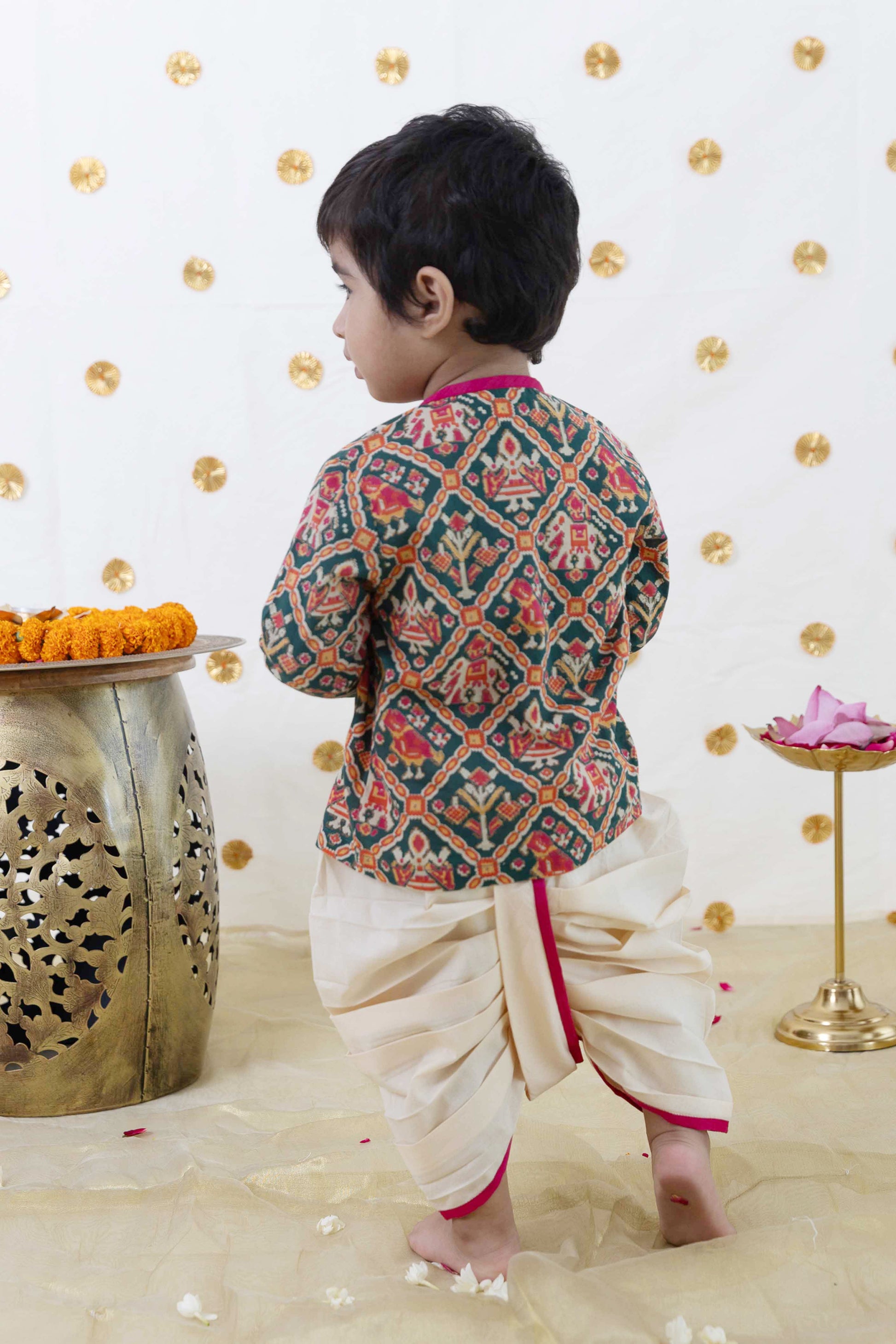 Baby Boy Patola Print Cotton Dhoti Kurta Set - Green - Image 5