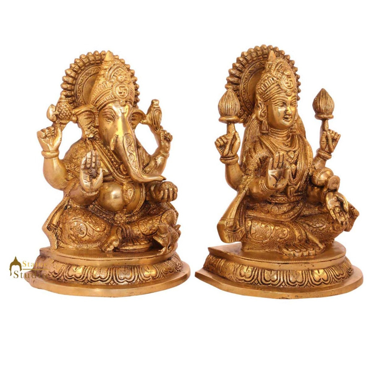 Brass ganesha laxmi pair statue india hindu gods hand carved hand made figure 8"