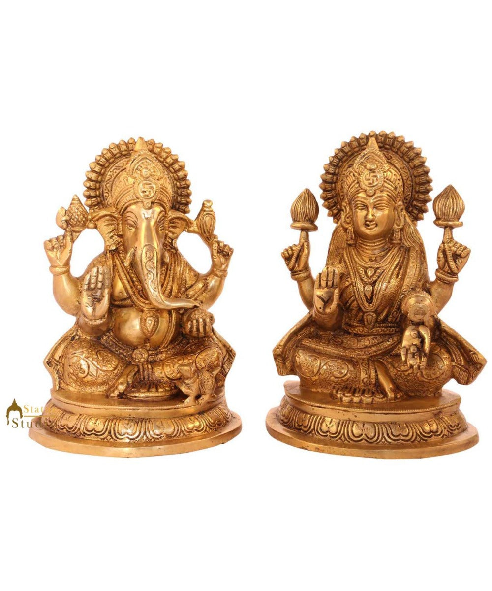Brass ganesha laxmi pair statue india hindu gods hand carved hand made figure 8" - Eco-friendly - Sama Homes