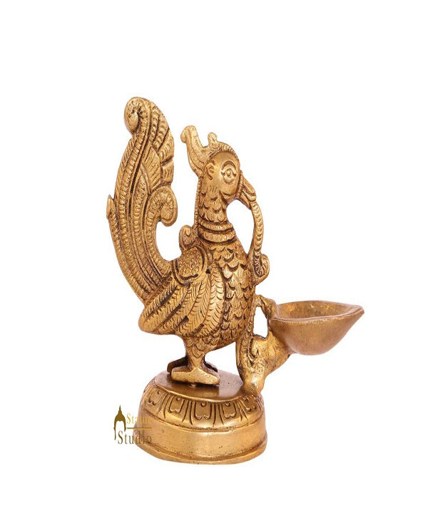 Bird brass antique small diya oil lamp stand spiritual décor temple 6" - Eco-friendly - Sama Homes