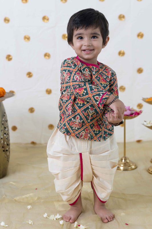 Baby Boy Patola Print Cotton Dhoti Kurta Set - Green