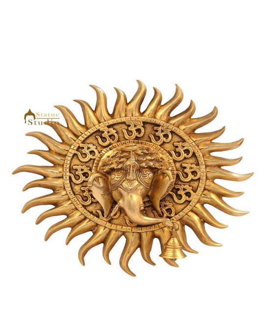 Brass hindu god lord ganesha om sun mask wall décor removable hanging showpiece