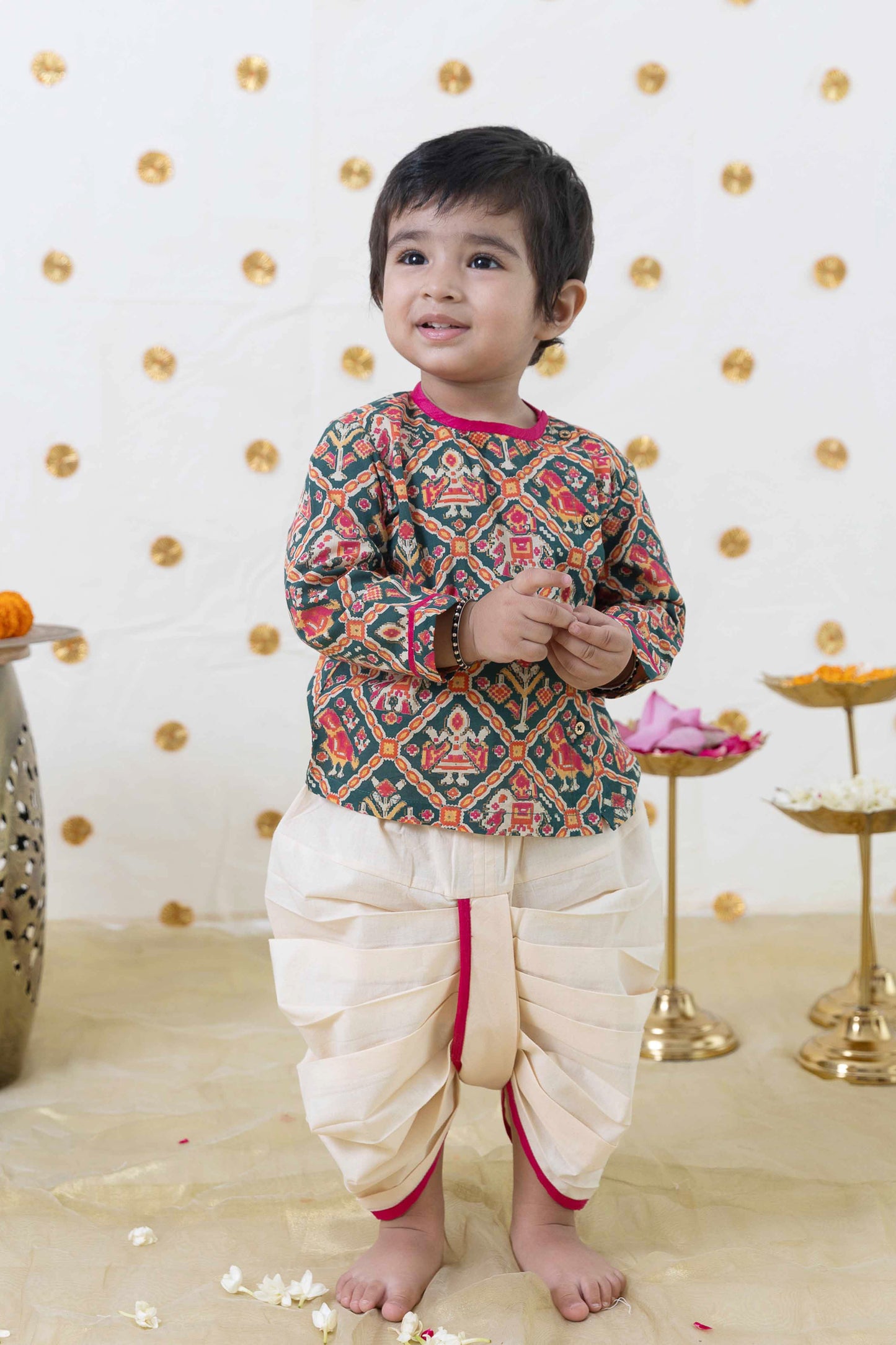 Baby Boy Patola Print Cotton Dhoti Kurta Set - Green