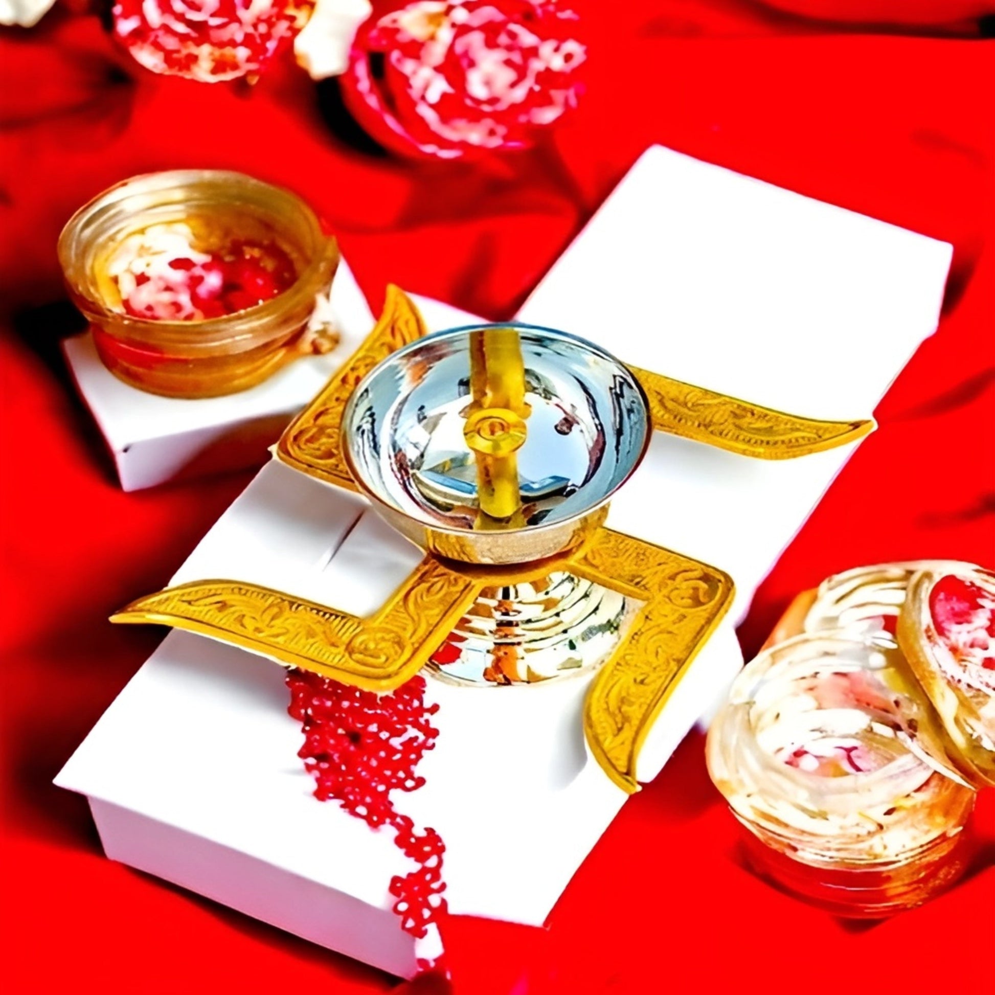 Sacred Swastik Brass Diya By Sama Homes Gift Item | Lighting | Festival  Occasion | Religious ( 10 x 10 x 10 cm ) - Eco-friendly - Sama Homes