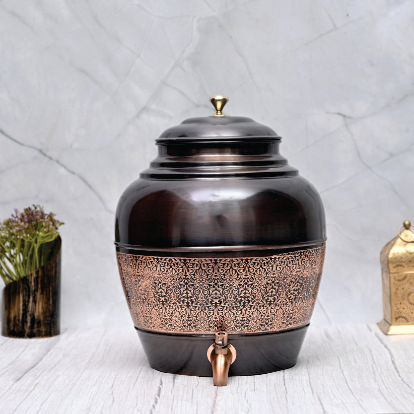 Pure Copper Water Dispenser Round Antique Engraved Designed Matka. – Sama Homes