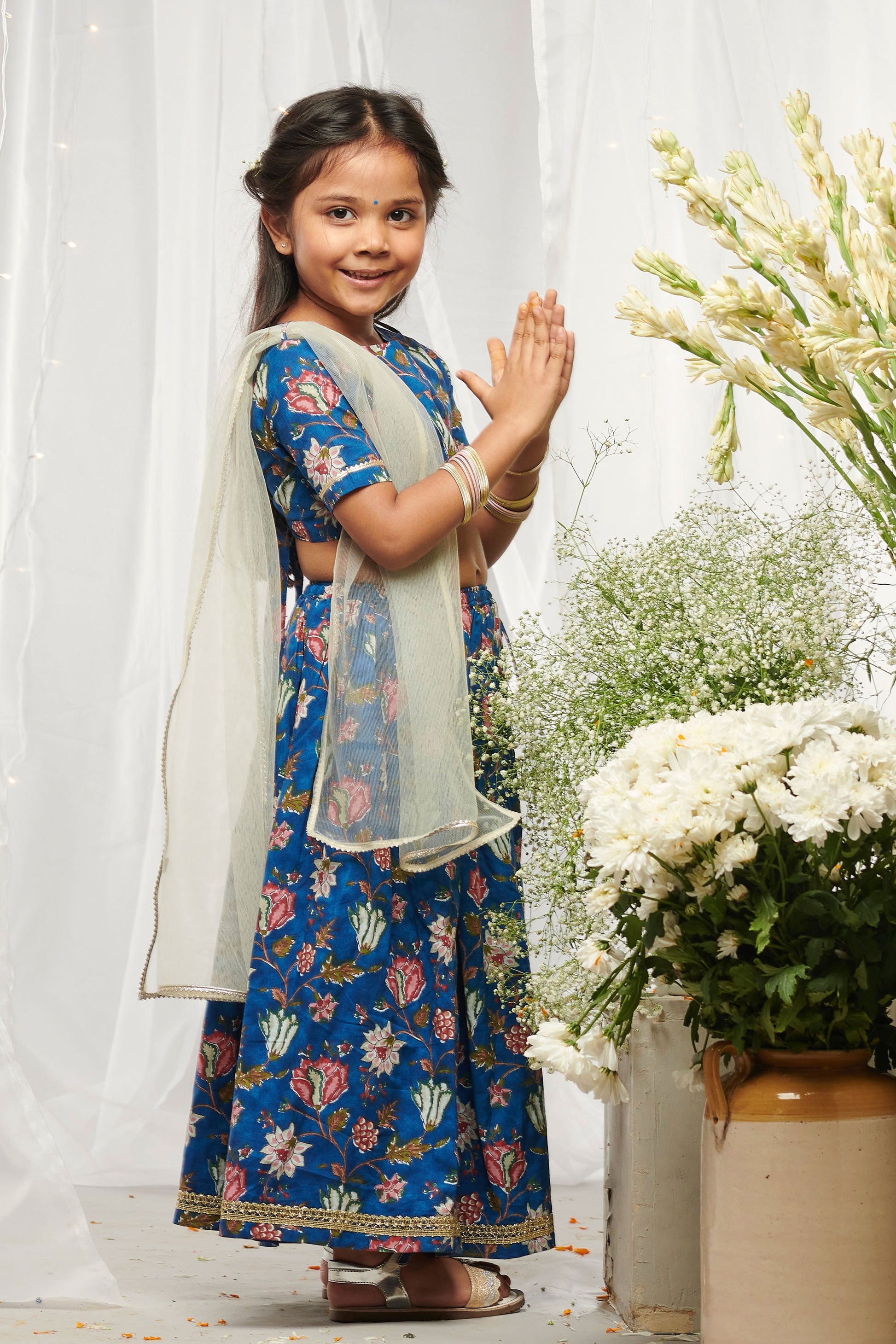 Girls Blue Printed Floral Lehenga Set - Eco-friendly - Sama Homes