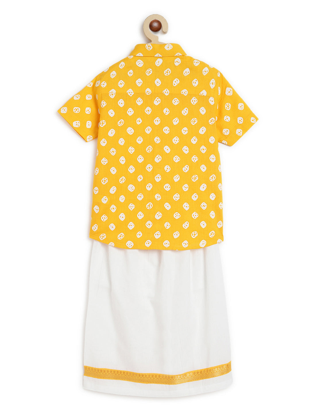 Boy Bandhani Print Cotton Mundu shirt Set - Yellow - Image 4