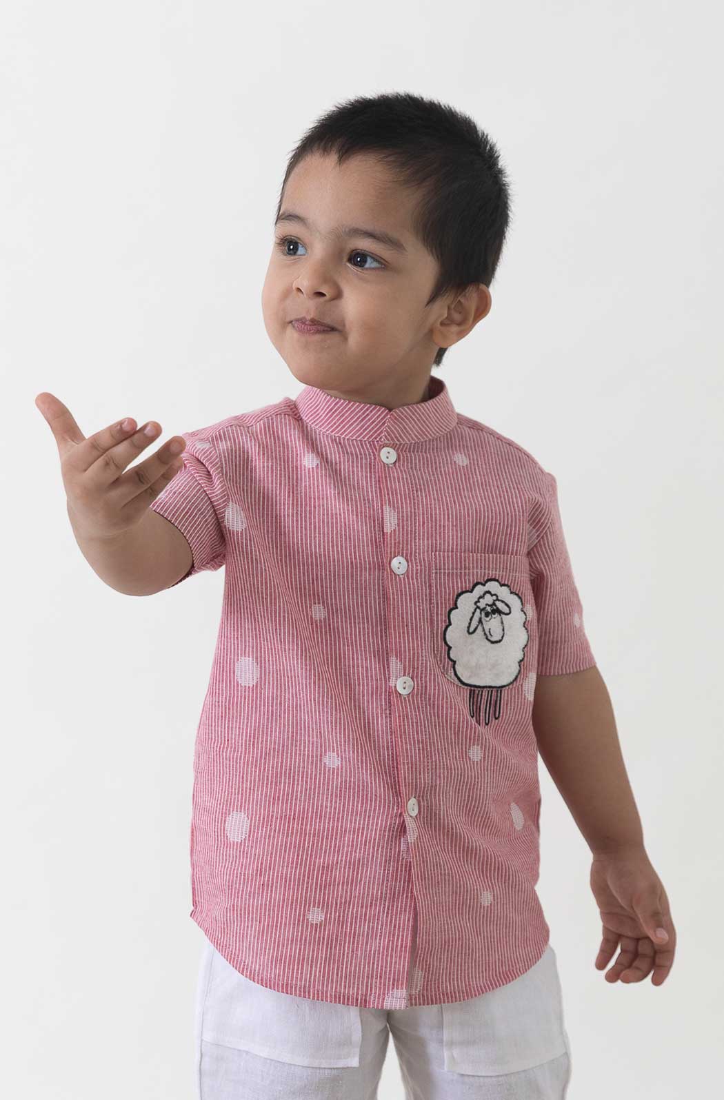 Boy Sheep Embroidered Cotton Shirt  - Pink - Image 5