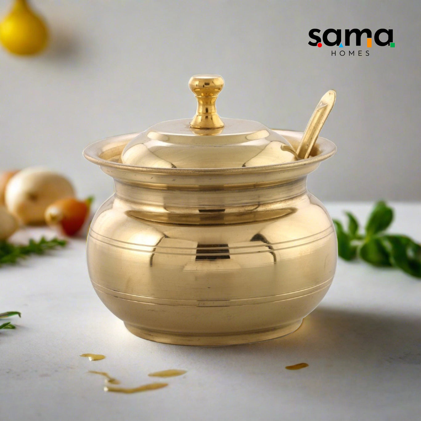 Sama Homes - Brass Ghee Pot With Lid and a Spoon