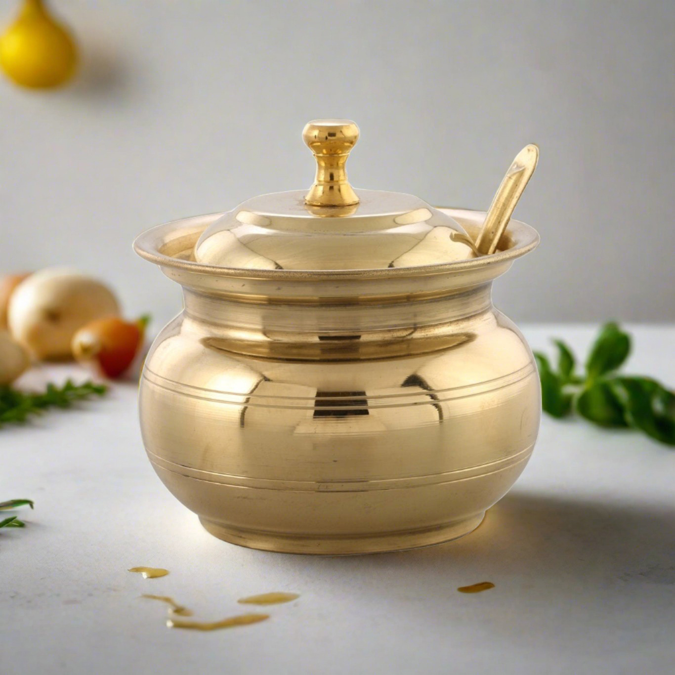 Brass Ghee Pot with spoon and Lid | 250 ML Capacity | 4 Inches | Traditional Utensil - Sama Homes