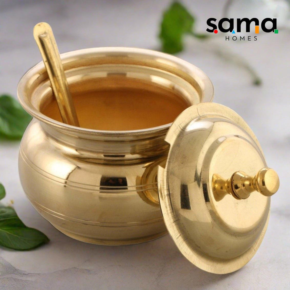 Sama Homes - Brass Ghee Pot With Lid and a Spoon
