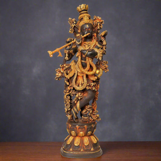 Brass Bhagawan Krishna Idol as Shyam-Sundar Playing on Flute 30 Inch